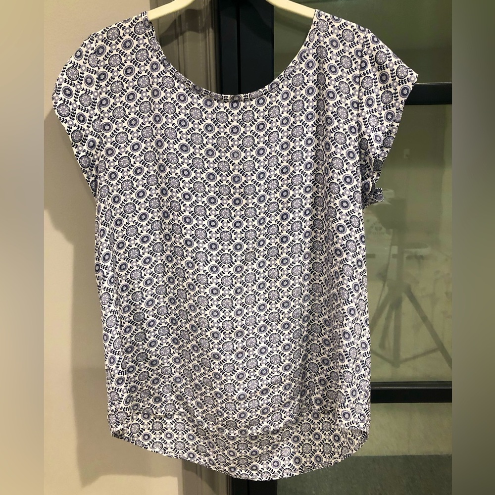 Joie Blue and White Patterned Silk Rancher Top